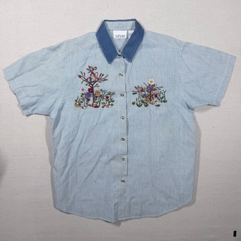 Casey & Max Embroidered Striped Shirt XL Blue Cottagecore Denim Collar Vintage - Picture 2 of 7